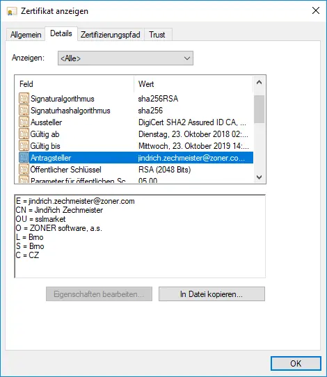 Darstellung des Zertifikats QuoVadis RSASSA-PSS S/MIME im Client Darstellung des Zertifikats QuoVadis RSASSA-PSS S/MIME im Client