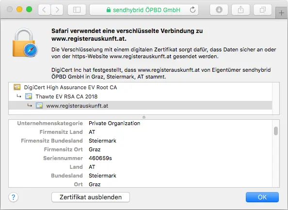 Darstellung des Zertifikats Thawte Web Server EV im Browser Darstellung des Zertifikats Thawte Web Server EV im Browser