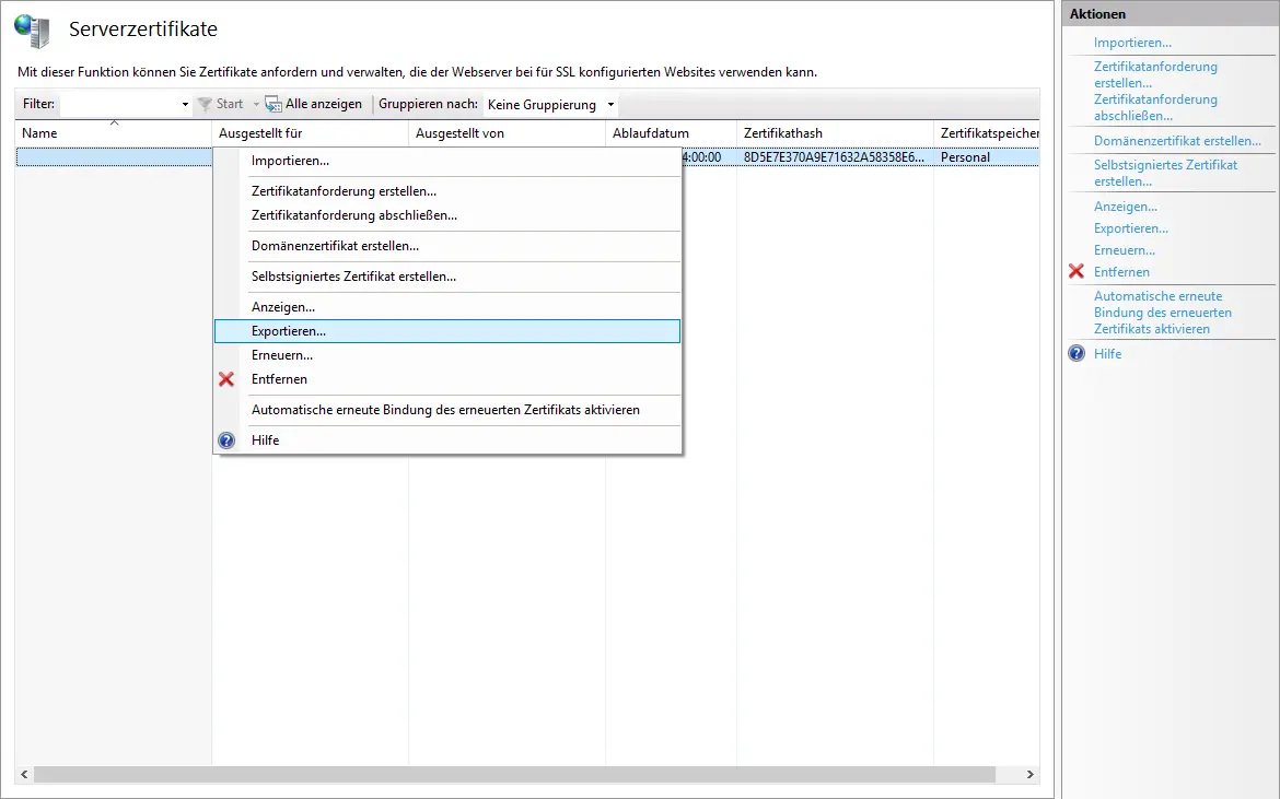 Exportieren des SSL-Zertifikats aus IIS