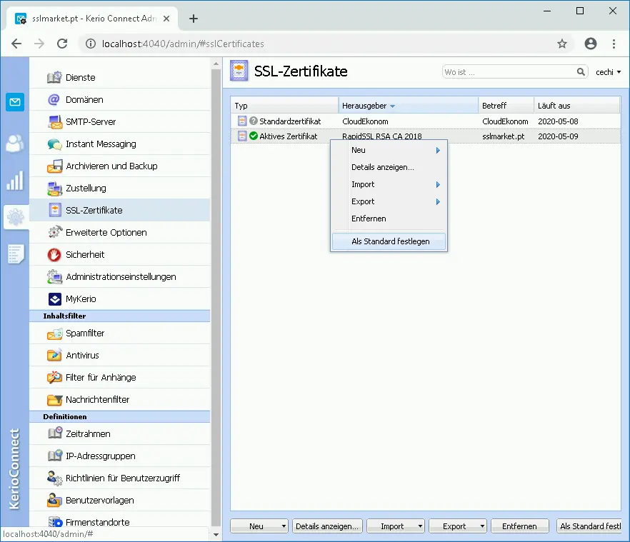 Kerio Connect – Einstellung des Standard-Zertifikats