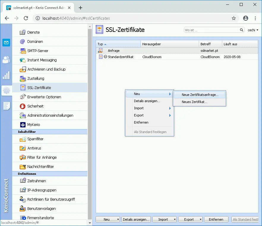 Kerio Connect - Neue Zertifikatsanfrage