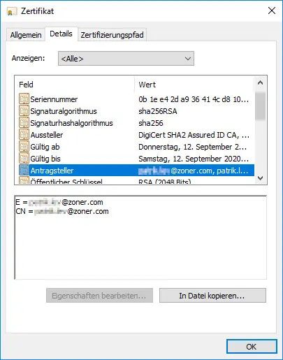 Darstellung des Zertifikats DigiCert Client Premium im Client