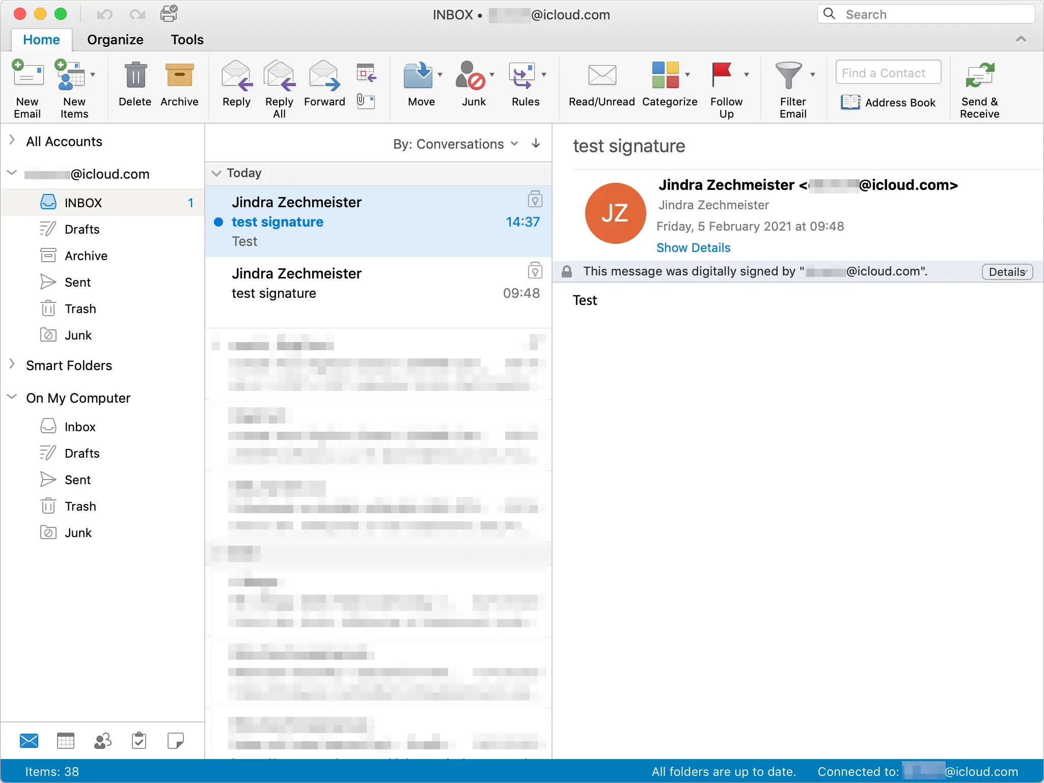 Signierung der Nachricht in der Inbox von Outlook