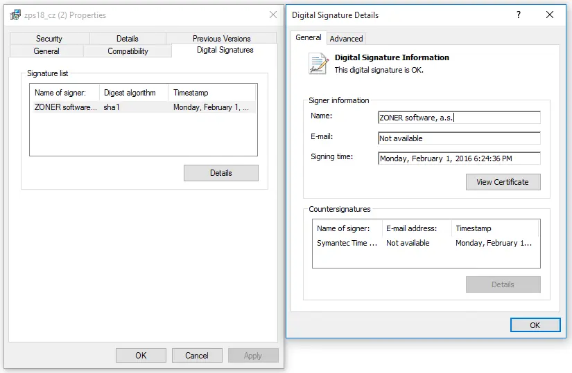 Detail der Signatur im Windows Explorer