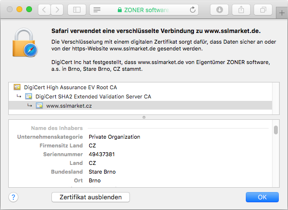 Darstellung des Zertifikats DigiCert Extended Validation SSL in der Adressleiste des Browsers Darstellung des Zertifikats DigiCert Extended Validation SSL in der Adressleiste des Browsers