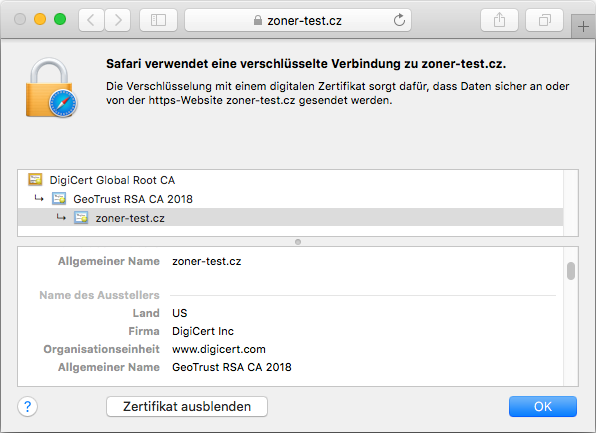 Darstellung des Zertifikats GeoTrust QuickSSL Premium im Browser