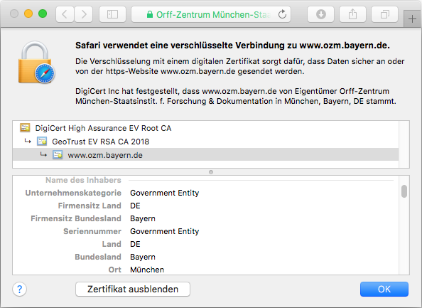 Detail des SSL-Zertifikats True BusinessID EV in der Adressleiste des Browsers Detail des SSL-Zertifikats True BusinessID EV in der Adressleiste des Browsers