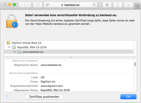 Darstellung des Zertifikats RapidSSL Wildcard im Browser