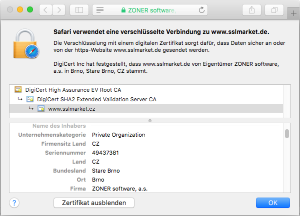 Darstellung des Zertifikats Symantec Secure Site EV im Browser Darstellung des Zertifikats Symantec Secure Site EV im Browser