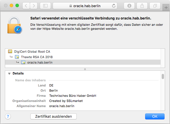 Darstellung des Zertifikats Thawte Web Server im Browser Darstellung des Zertifikats Thawte Web Server im Browser