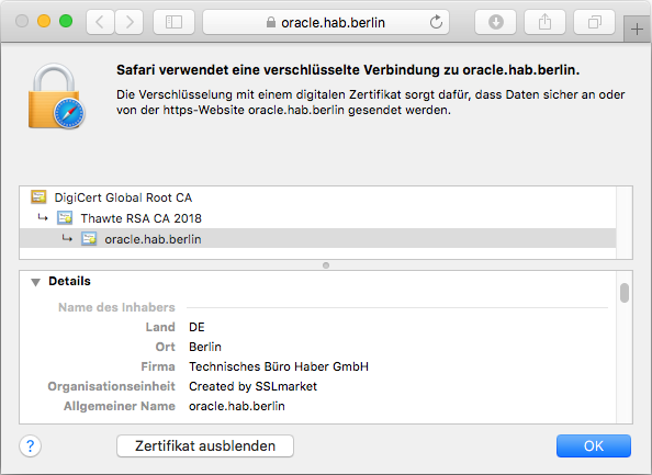 Darstellung des Zertifikats Thawte Web Server im Browser