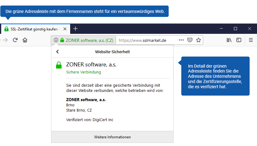 Darstellung des EV-Zertifikats im Browser Darstellung des EV-Zertifikats im Browser