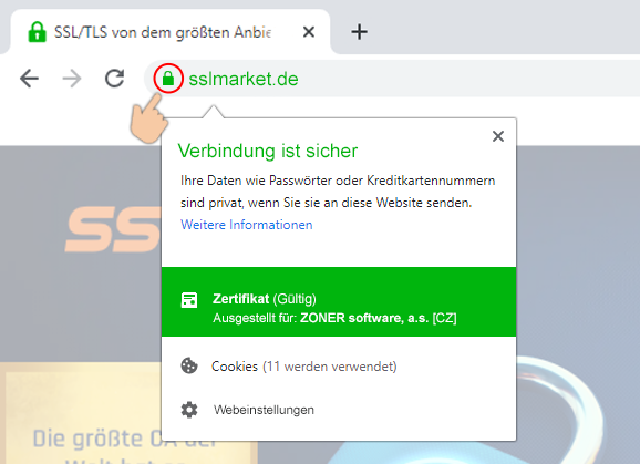Darstellung des EV-Zertifikats im Browser Darstellung des EV-Zertifikats im Browser