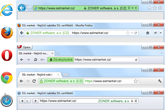 Darstellung des EV-Zertifikats in der Adressleiste bei populären Browsern