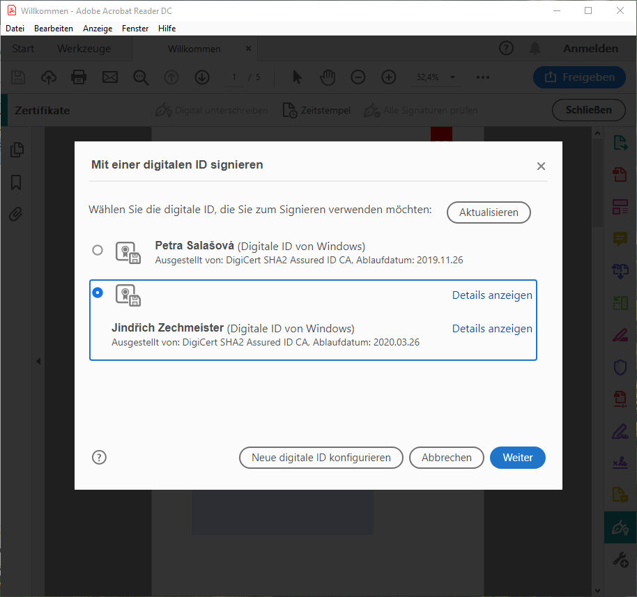 Signierung in Adobe Reader