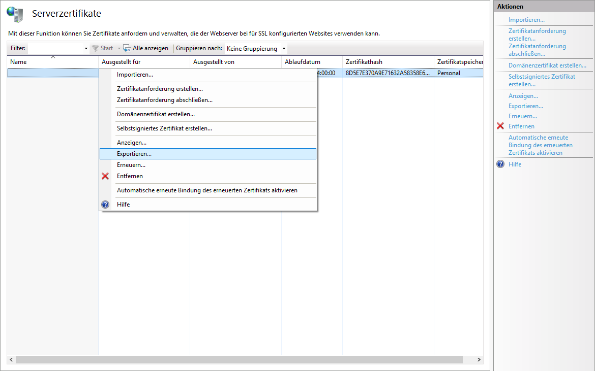 Exportieren des SSL-Zertifikats aus IIS Exportieren des SSL-Zertifikats aus IIS
