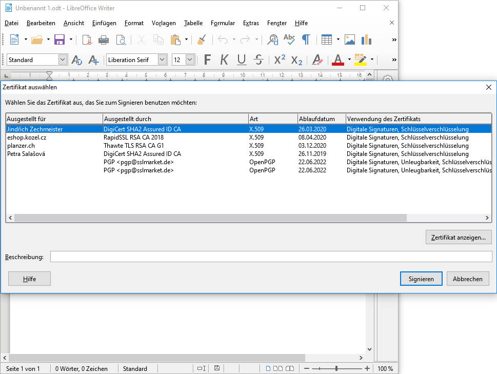 Signieren in Open/LibreOffice