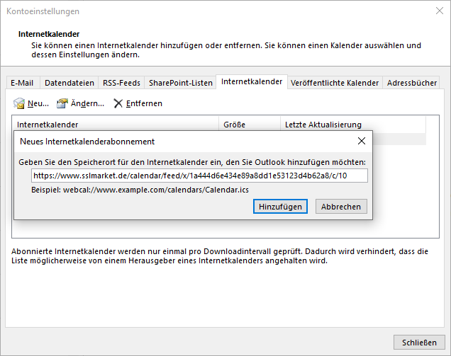 Abonnement des Kalenders im Outlook