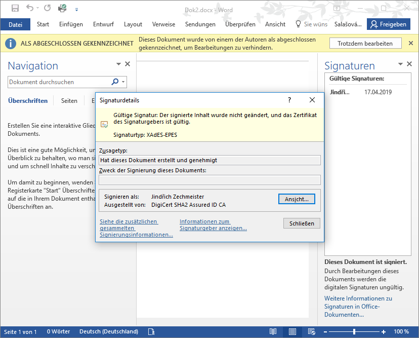 Signieren in Word