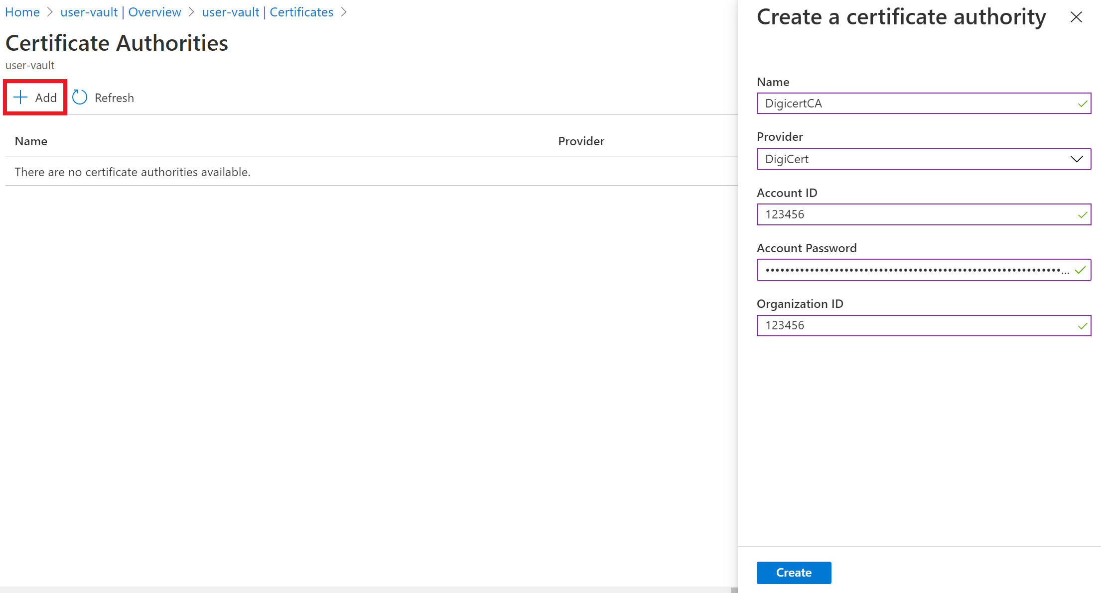 Verbindung von Azure Key Vault mit CA DigiCert